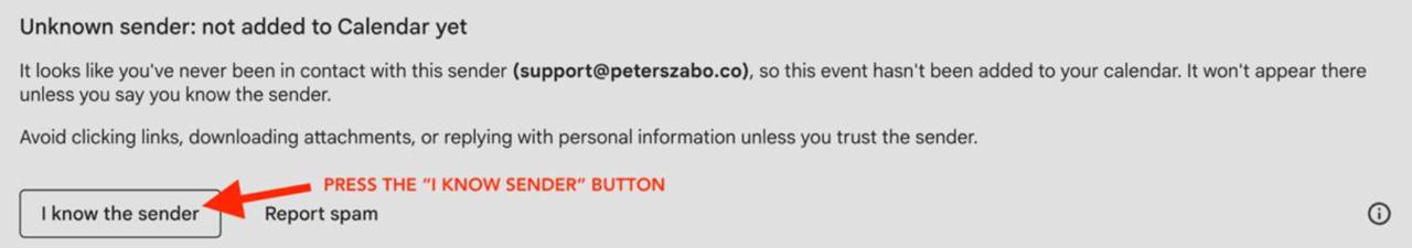 Press the I know the sender button in your event email from support@peterszabo.co